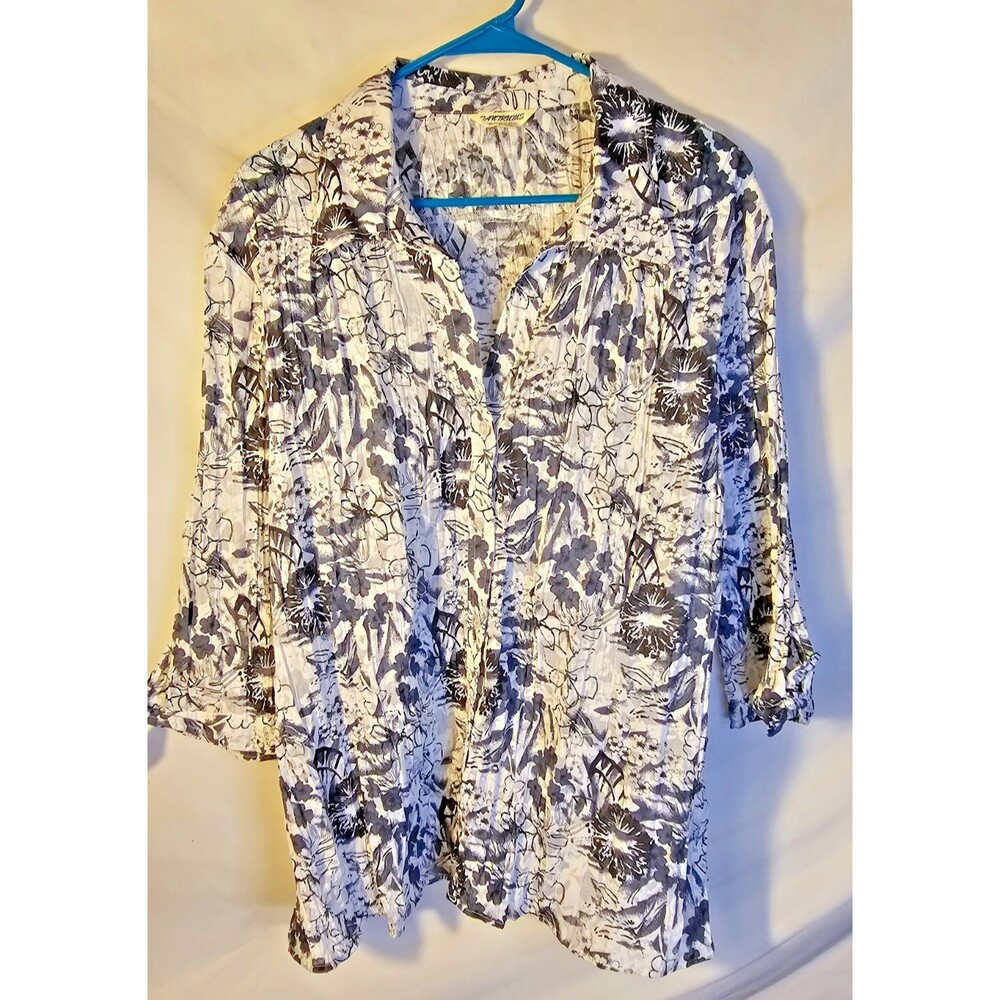 Gray Floral Cottagecore Button Top Women's XL Coastal Grandma Normcore Boho